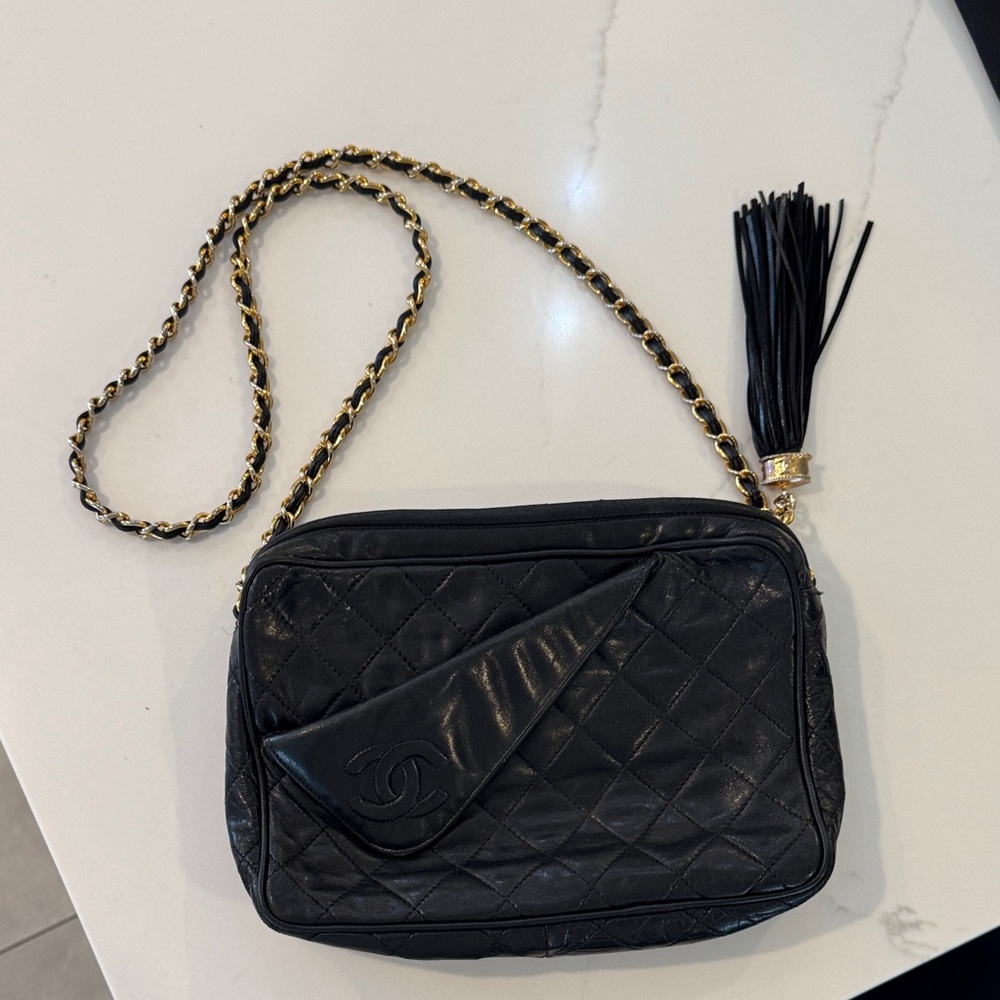 Chanel Black Quilted Crossbody Bag with Tassel vintage 1980s